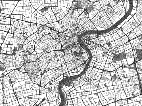 Photography Black and white cartographic illustration of Shanghai city center, China, in hand-drawn sketch form