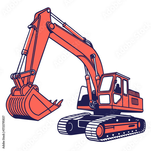 Orange excavator machine with dark blue outline construction