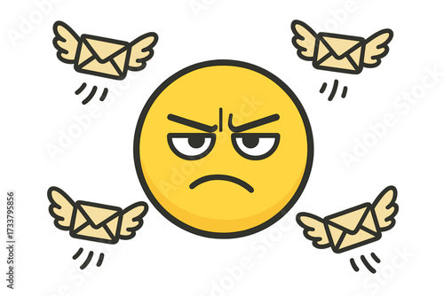 Annoyed emoticon getting too much spam email. Information overload, junk mail metaphor. Angry emoji face frustrated by unwanted messages. Flying envelope vector illustration.