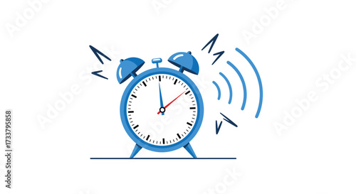 A classic blue alarm clock rings loudly indicating time for an early wake up call.