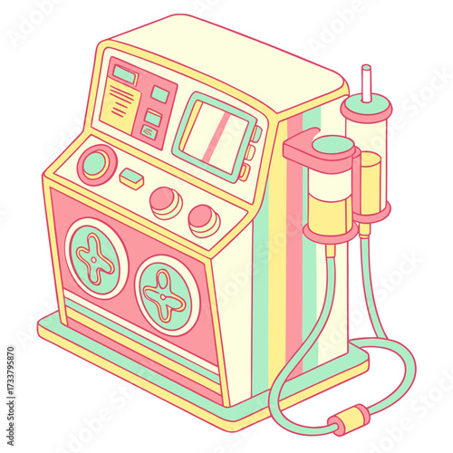 Pastel dialysis machine with tubes and dials medical equipment