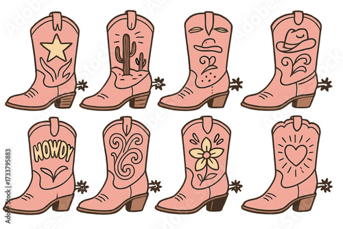 Pink cowgirl boots vector collection. Hand-drawn 60s vintage style cowboy footwear set with spurs. Western and wild west theme with howdy, star, and cactus ornaments.