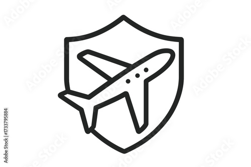 Travel insurance icon. Flight protection symbol. Airplane on a shield. Safe journey concept. Aviation security logo. Airline safety and trip guarantee vector illustration.