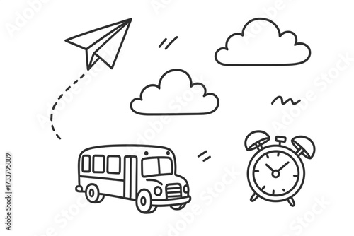 Back to school doodle icon set. Hand drawn paper airplane, cloud, school bus, alarm clock. Education, learning concept. Morning routine line art vector illustration elements.