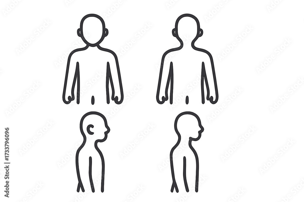 Fototapeta premium Human figure icon set. Male and female body from front and side view. Person torso silhouette. Man and woman profile. People avatar symbol. Anatomy vector line illustration.