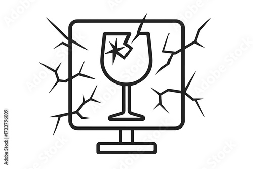 Broken screen icon. Cracked computer monitor with a fragile glass symbol. Concept of system error, technology damage, failure. Handle with care. Vector for web, fragile cargo.