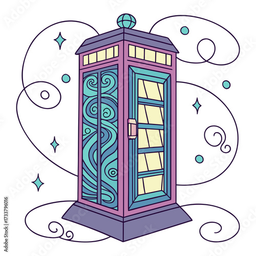 Purple and teal fantasy portal booth with swirling lines