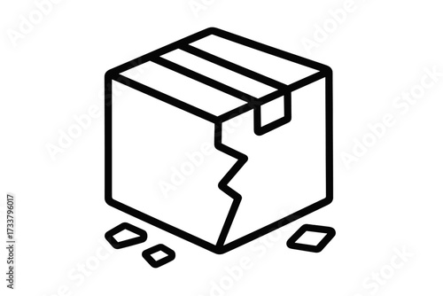 Damaged delivery package icon. Broken cardboard box vector line illustration. Concept of shipping error, fragile product, return, insurance claim, unsuccessful delivery.
