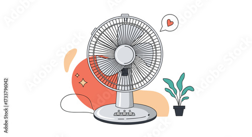 A close up of a white oscillating fan with a plant and abstract shapes in the background.