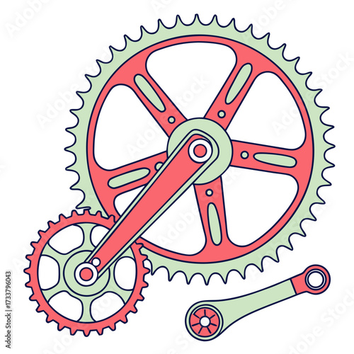 Red and green bicycle crankset and chainring vector