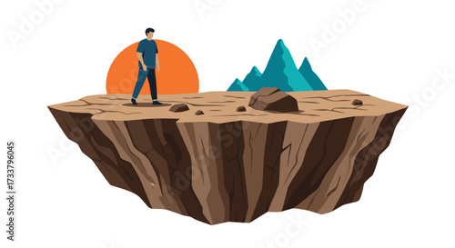 A lone explorer stands on a floating island with a vast orange sunset behind them, surrounded by alien geological formations.