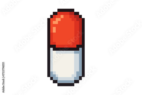 Capsule pill pixel art icon. Medicine drug symbol for 8-bit retro video game. Healthcare and pharmacy concept. Medical treatment vitamin supplement vector cartoon element.