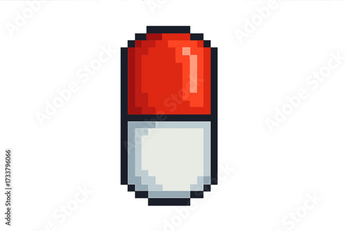 Pixel art capsule. Medicine pill icon for retro 8-bit game. Science and health care concept. Pharmacy drug, vitamin, or supplement symbol. Vector cartoon illustration.