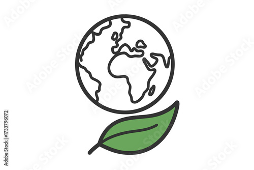 Earth day and environment protection concept. Globe and green leaf icon. Ecology, sustainability, and conservation symbol. Save the planet vector logo for eco friendly ideas.
