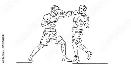 Minimal line art illustration of two boxers fighting in a ring, wearing gloves and protective headgear. Black and white vector drawing symbolizing sports competition, strength, fitness