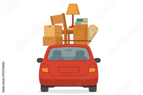 Car loaded with boxes and furniture for moving. Relocation concept. Red vehicle with luggage on roof rack. Moving to new house or apartment. Family travel, road trip vector.
