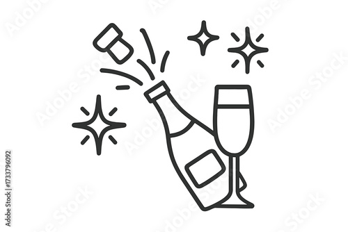 Champagne bottle popping open with a glass. Vector line art icon. Concept for celebration, party, success, wedding, anniversary & New Year's Eve toast. Sparkling wine graphic.