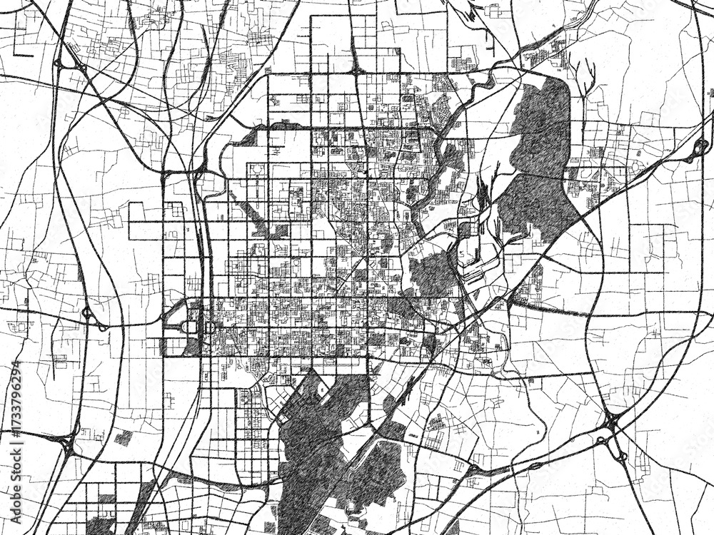 Naklejka premium Minimalist monochrome city map of Tangshan, China, illustrated with urban detail.