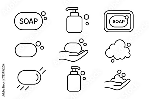Soap and hand washing line icon set. Collection of minimalist pictograms for hygiene and personal care. Vector symbols for web, apps, and graphic design. Bar soap, liquid dispenser, foam.