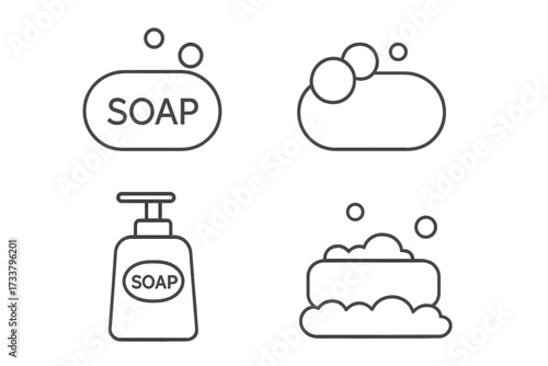 Soap line icon set. Collection of minimalist pictograms for web and graphic design. Bar soap, liquid dispenser, foam bubbles. Vector illustration for hygiene, cleaning, skincare.