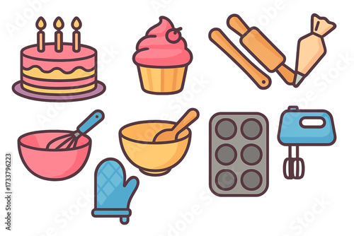 Baking and pastry icon set. Colorful flat cartoon vector illustrations of kitchen tools for cooking desserts. Includes cake, cupcake, mixer, bowl, rolling pin, and oven mitt.