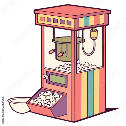 Red and yellow striped popcorn machine with popcorn