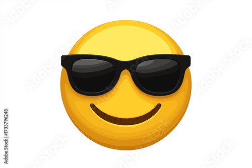 Cool emoticon with sunglasses, a happy smiling face emoji. Vector illustration of a yellow character icon. Summer vacation and positive cheerful emotion concept symbol design.