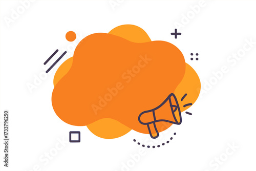 Modern vector banner for promotion or announcement. Abstract liquid shape with megaphone icon and geometric elements. Trendy background for contest or sale with copy space.
