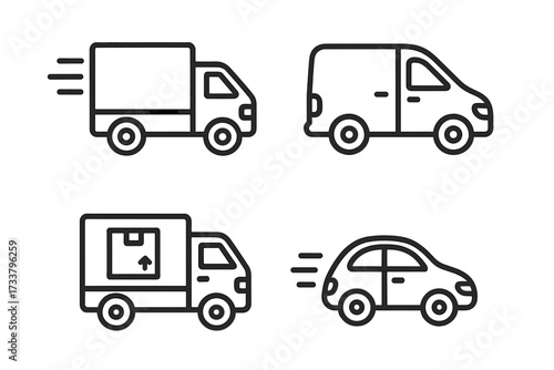 Delivery service icon set. Logistics and shipping transport. Fast delivery truck, van, car symbols. Editable stroke outline pictogram. Commercial vehicle for courier and cargo.