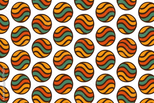 Retro 70s seamless pattern with groovy psychedelic round wavy striped shapes. Mid-century vintage geometric vector illustration background. Abstract 50s 60s art print design.