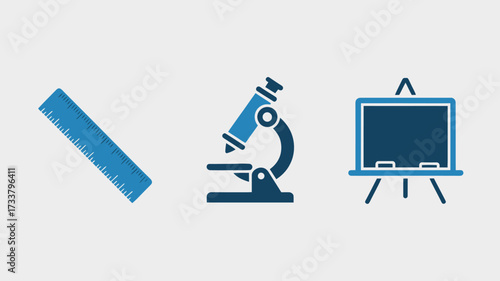 School icon set in blue flat vector illustration of ruler microscope and blackboard isolated on white background