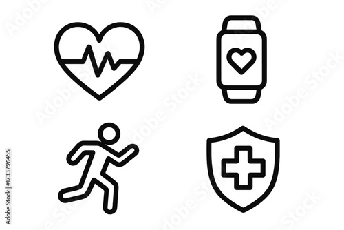 Fitness and health line icon set. Vector icons of heartbeat, running person, activity tracker watch, and medical shield. Wellness, cardio, sport, and protection concept.