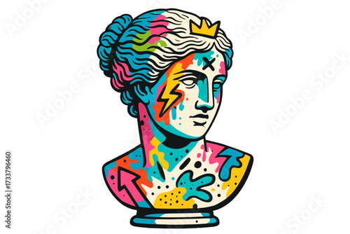 Vector concept of postmodern creativity. Antique female statue bust mixed with colorful 90s urban graffiti and pop art. Contemporary street art style for a modern collage.