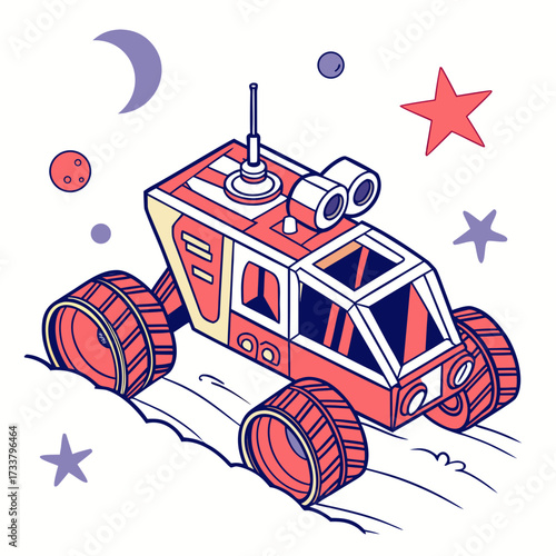 Red space rover with purple stars and moon machine