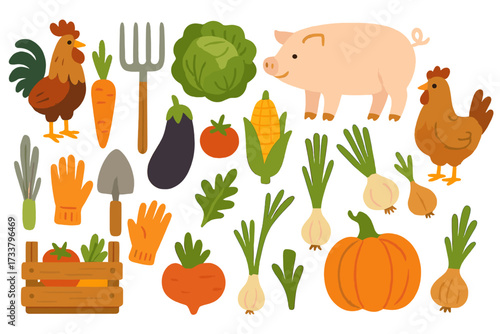 Wallpaper Mural Farmer production set with tools, vegetables, and farm animals in a modern flat vector style. Collection for local farmers market, organic garden harvest, and agriculture concept. Torontodigital.ca