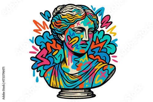 Antique Greek goddess statue bust with colorful urban graffiti. 90s street style contemporary art collage. Concept of postmodern creativity, mixed media pop art illustration.