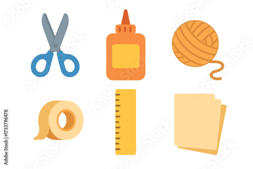 Craft tools and school supplies icon set. Flat design vector illustration of creative hobby items: scissors, glue, yarn, tape, ruler, paper. DIY and art concept.