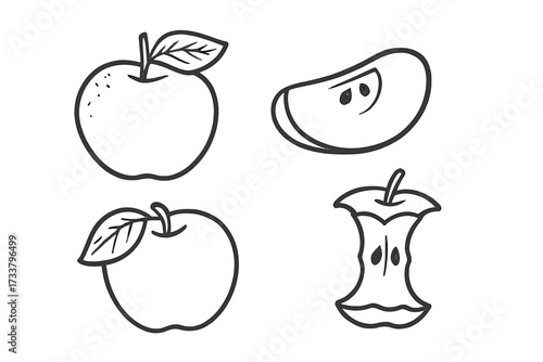 Apple fruit vector icon set. Hand drawn doodle illustration of whole apple, sliced fruit, and eaten core. Black and white outline sketch for healthy food or organic concepts.