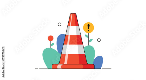 Illustration of a traffic cone with abstract shapes and warning signs.
