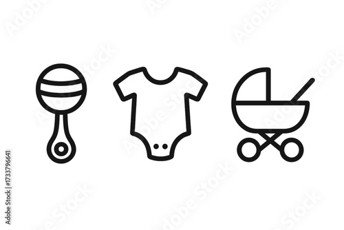 Baby essentials minimal icons set with rattle, onesie, stroller. Simple vector line art for new parents. Newborn, infant care symbols for baby shower. Graphic elements.