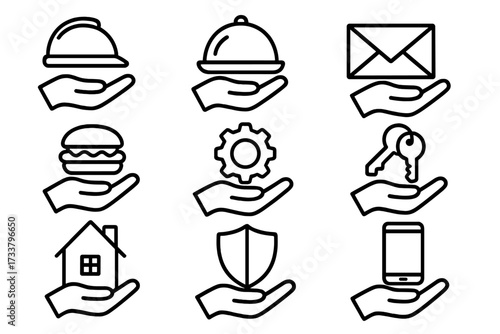 Hand service icon set. Outline icons for food delivery, real estate, construction, and protection. Vector symbols for web design, apps, mobile. Offer, giving concept.
