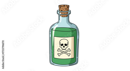 A green liquid fills a glass bottle with a skull and crossbones symbol on the label.