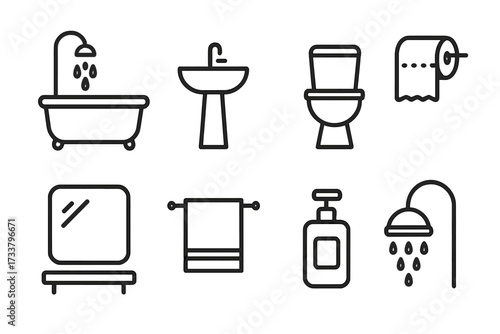 Bathroom line icon set. Toilet, bath, shower, sink, and mirror symbols. Modern outline vector illustration for web, app, UI, UX design. Minimalist hygiene pictograms.