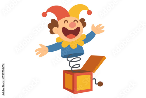 April Fool's Day card with a Jack in the box clown springing out of a surprise box. Happy jester character jumping on a spring. Classic fun vintage toy vector illustration.