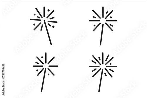 Set of four sparkler line icons. Minimalist Bengal lights for holiday celebration. Vector firework symbols for party, Christmas, and New Year. Isolated outline illustration.