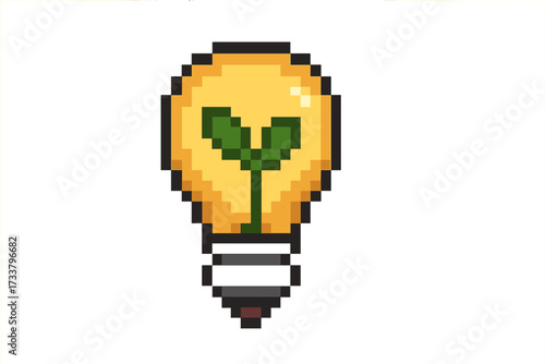 Pixel art lightbulb with plant inside. Green energy concept. Eco friendly idea symbol. Nature, growth, sustainability and innovation metaphor. Vector 8 bit retro video game icon.