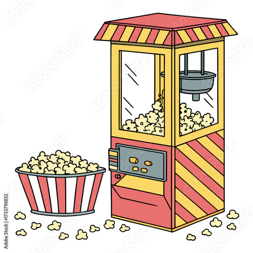 Red yellow popcorn machine with striped bucket and scattered popcorn