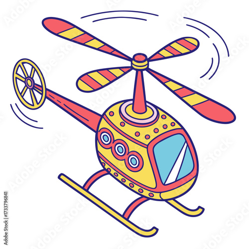 Red yellow helicopter with spinning propellers and tail rotor