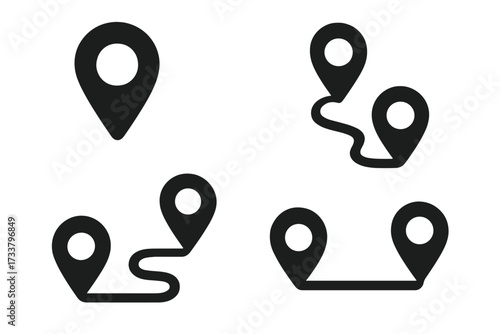 Location pin icon set. Route from point A to B. Start and finish destination. Map pointer collection. GPS navigation, travel path, journey tracking. Vector silhouette glyphs.