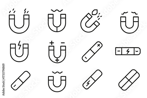 Magnet line icon set with editable stroke. Vector pictogram collection showing magnetism, attraction, physics force, and power. Horseshoe and bar magnet symbols for science designs.